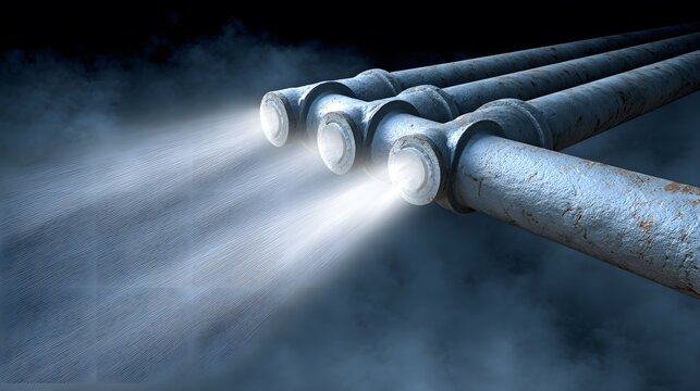 Pressure pipes connected in parallel emitting vapor and light