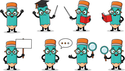 Cute pencil character mascot vector illustration with glasses, book, magnifying glass, teacher hat, reading, teaching, learning, cartoon education design