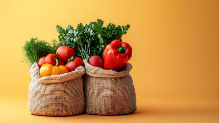 Two burlap sacks filled with fresh vegetables isolated on white background