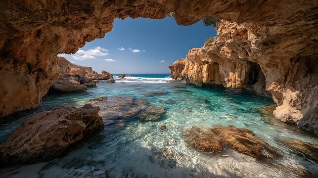Sunlight illuminates a crystal clear turquoise sea viewed from inside a rocky coastal cave - Powered by Adobe