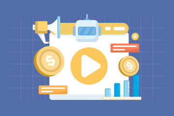 Illustration of artificial intelligence in marketing technology, featuring robots assisting in ad management, automation, and the development of effective marketing strategies.