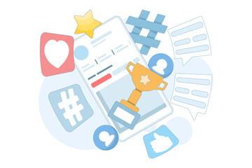 icon illustration of prize winner with golden trophy. Represents award ceremony success, achievement recognition, and social media post celebrating victory or competition results.