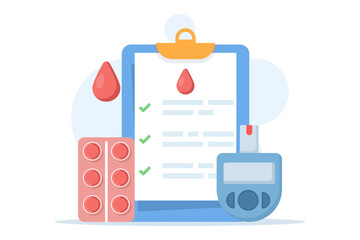 Illustration of a glucometer, blood drop symbol, medication, and health report, representing blood glucose monitoring, medical checkups, and diabetes awareness concept.