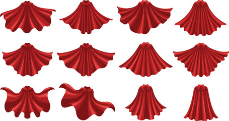 Set of red superhero capes in different styles, flying fabric costume, fantasy cloak collection, power hero cartoon vector illustration © KanonRani art