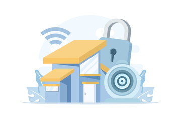 Vector illustration of security CCTV camera with protective housing. Symbol of surveillance, safety monitoring, and protection system used for building and area security control.