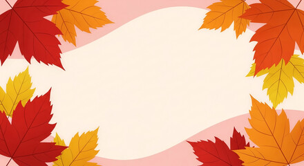 Obraz premium Autumn leaves frame a cream space, set against a pink background, showcasing a clean aesthetic, ideal for text or advertisement, evoking seasonal warmth and tranquility