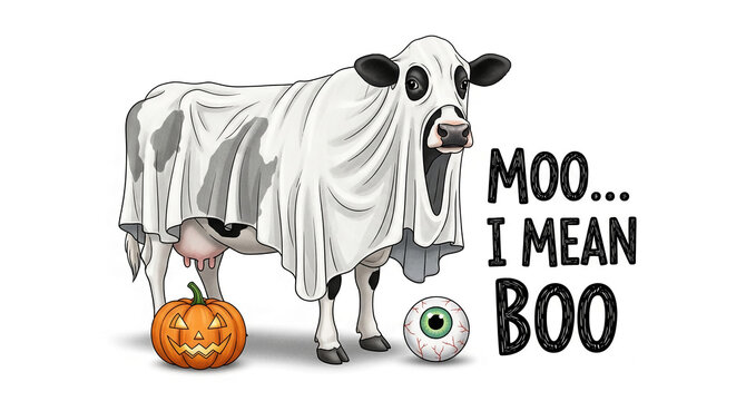 Cow in ghost costume, pumpkin, eyeball illustration, Halloween theme, humorous, playful design, free space for text - Powered by Adobe