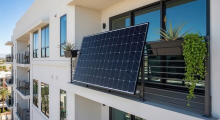 Fototapeta premium Dark blue solar panel with visible solar cells installed at an angle on balcony of a white apartment building in Las Vegas, USA