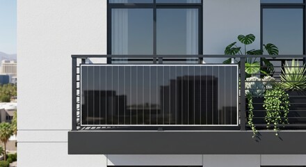 Straight view of black sleek solar panel with vertical lines on balcony with plants of a white apartment building in Las Vegas, USA