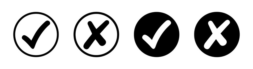 Checkmark and cross in circle and filled style vector icon set