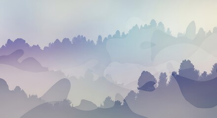 Serene Misty Mountains and Forest Landscape in Soft Hues