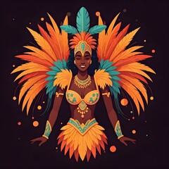 The image shows a carnival dancer in a bright outfit with feathers, decorations and a wide smile, conveying the festive atmosphere, joy and energy of the Brazilian carnival.