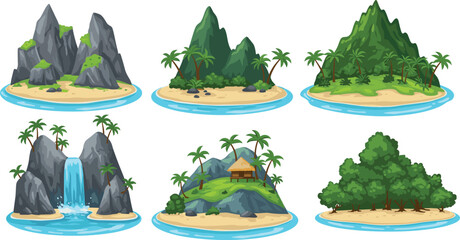 Tropical island landscape vector illustration, exotic beach scenery with palm trees, mountains, waterfalls, seaside nature design set, summer vacation elements