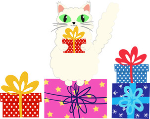 Obraz premium fluffy white angora cat holding red christmas or birthday gift box standing on stack bright colorful presents vector isolated