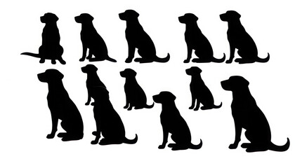 A series of black and white dog silhouettes sitting in a row
