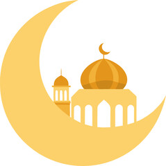 Fireworks with golden crescent and mosque isolated on white background, Islamic festival mosque and crescent with fireworks vector, Eid celebration fireworks and golden moon illustration