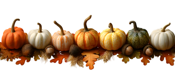 Harvest bounty of vibrant pumpkins, acorns, and autumn leaves creating a festive fall display perfect for seasonal celebrations and Halloween