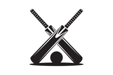 Crossed cricket bats with ball. Vector Black silhouettes. with white background