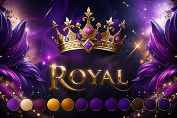 Majestic golden crown and royal purple theme with color swatches