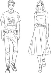 Elegant and Casual Fashion Illustration of Man and Woman in Modern Clothing, Trendy Outfits, Stylish Casual and Formal Attire, Vector Fashion Design