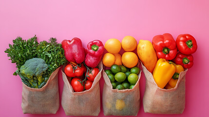 Colorful assortment of fresh vegetables in patterned bags isolated on white background