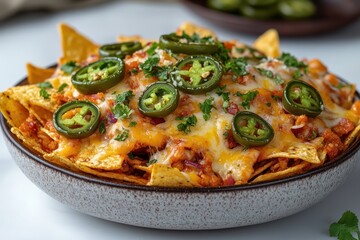 Cheesy tortilla chips with jalapenos in a bowl