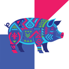 Pig Colorful Flat Vector with Decorative Neon Tribal Design