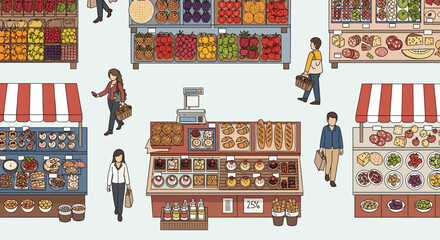 People Shopping at a Bustling Farmers Market Buying Fresh Produce and Baked Goods