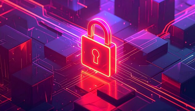Cyber security padlock glowing neon protecting digital data in a modern network layout
