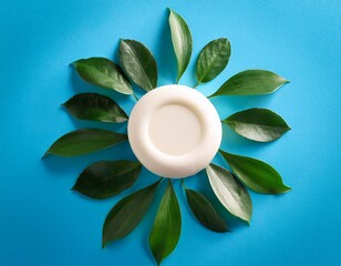 white soap surrounded by green leaves on blue surface
