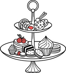 Line art of sweets platter isolated on white background for islamic festive design, Islamic sweets platter line art vector, Decorative arabic dessert platter illustration, Eid mubarak sweets