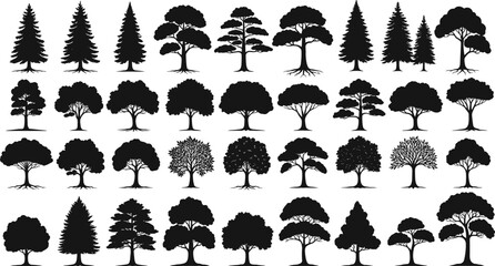 PrintBlack tree silhouettes collection, isolated vector illustration, pine trees, deciduous trees, evergreen forest trees, graphic nature design, landscape decorative elements