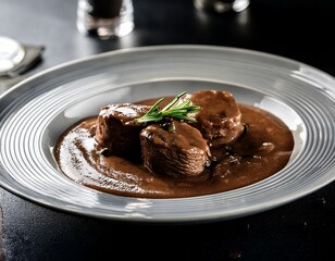 veal medallion slices with marsala sauce gloss in cinematic lighting
