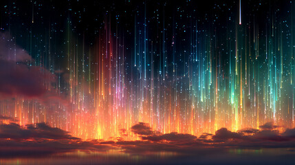 Abstract digital futuristic night sky with vibrant, colorful hues, glowing stars, and dynamic light effects, creating a modern cosmic atmosphere ideal for sci-fi, tech, and creative designs.