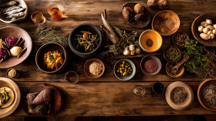 Rustic wooden table with mixed cuisines herbs and fresh ingredients