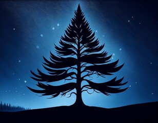 stylized black evergreen tree silhouette against a dark blue night sky