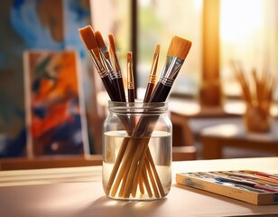 paint brushes in water jar on art table
