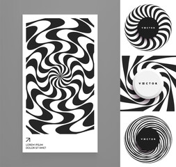 Obraz premium Striped circular figure. Geometric shape. 3D wavy pattern. Optical illusion. Torus. Rotation and swirling movement. Cover design template. Vector for brochure, presentation, flyer or banner.