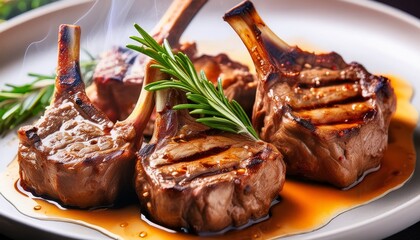 close up grilled lamb chops with rosemary sprig and sizzling juice