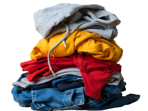 Large stack of assorted colorful dirty laundry including hoodies, t-shirts, and denim jeans isolated on a transparent background.