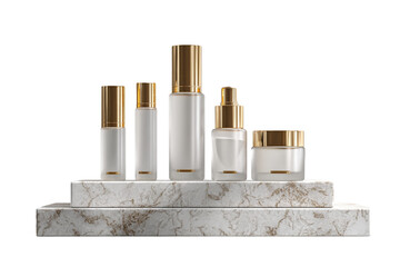 Minimalist Luxury Skincare Bottles on White Marble Pedestal, Clean Beauty Concept, Transparent Background