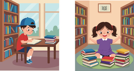 PrintChildren reading books in library, boy studying at table, girl sitting on rug, kids surrounded by bookshelves, education, learning, knowledge
