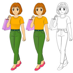 Cartoon illustration of a young woman holding shopping bags in casual outfit. Includes flat, shaded, and outline versions.for lifestyle, fashion, retail, design projects. concept shopping