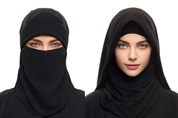 Side-by-Side Portrait of Muslim Woman Wearing Black Hijab with Face Covered and Uncovered, Transparent Background