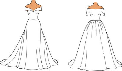 Obraz premium Elegant wedding dress vector illustration featuring off-shoulder gown, flowing skirt, lace details, and formal bridal attire, perfect for fashion design, wedding themes, , and bridal wear concepts.