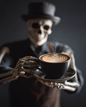 Skeleton barista holding coffee cup latte art