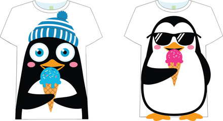 Fun Penguin Characters Wearing Trendy Accessories, Playing with Ice Cream Cones, Cute Cartoon Animal Designs for Kids, Fashion, and Lifestyle