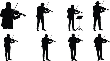 PrintCollection of black silhouette violinist musicians playing violin, classical music performance, vector illustration of man with instrument, artistic concert design.