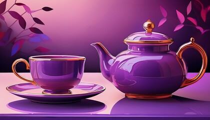 a purple teapot and teacup sit in simple elegant harmony