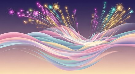 A Spectacular Display of Colorful Fireworks Illuminating the Serene Evening Sky Above Wavy Pastel Ripples